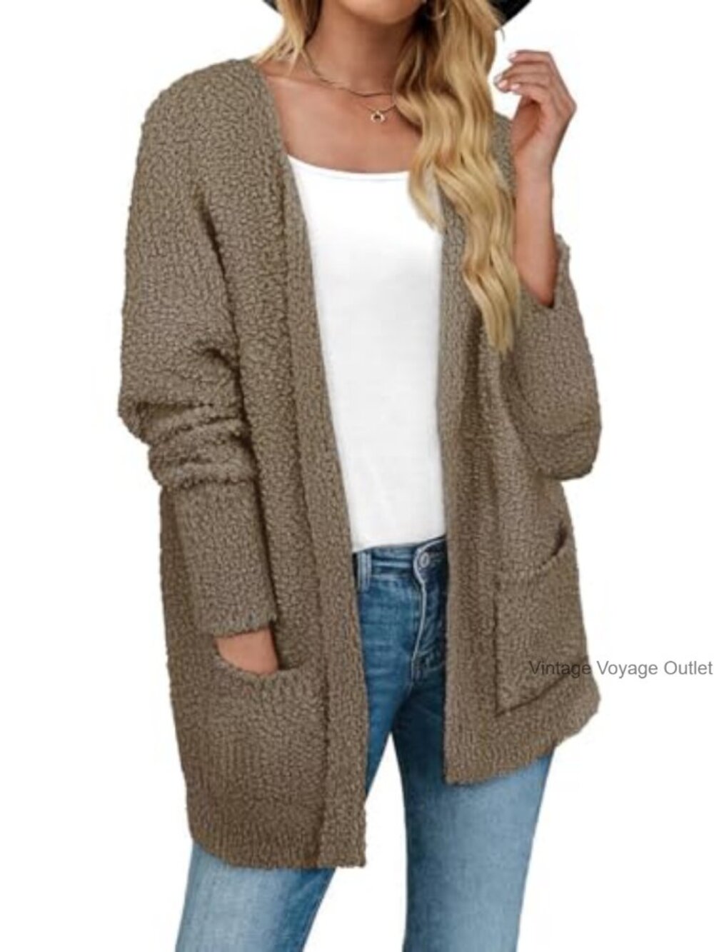 Fuzzy Knit Cardigan Open Front Long Sweater Side Pockets